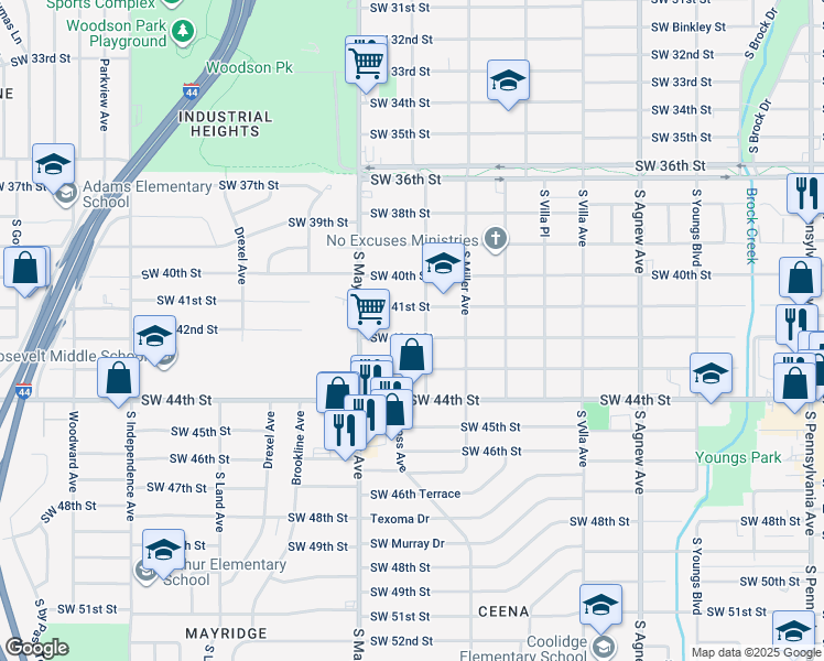 map of restaurants, bars, coffee shops, grocery stores, and more near 2800 Southwest 42nd Street in Oklahoma City
