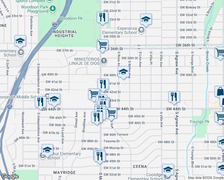 map of restaurants, bars, coffee shops, grocery stores, and more near 2836 Southwest 42nd Street in Oklahoma City