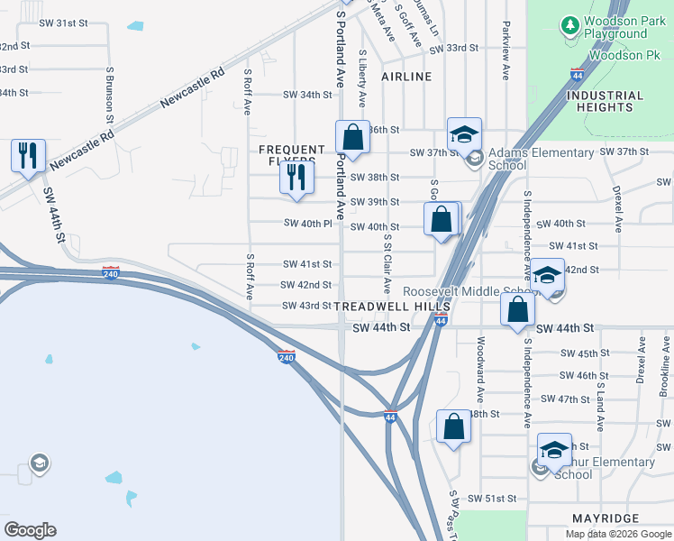 map of restaurants, bars, coffee shops, grocery stores, and more near 3709 Southwest 42nd Street in Oklahoma City