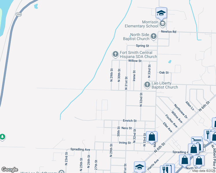 map of restaurants, bars, coffee shops, grocery stores, and more near 2805 Walnut Street in Fort Smith