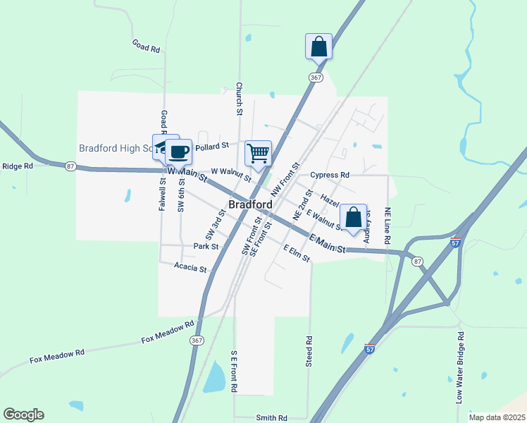 map of restaurants, bars, coffee shops, grocery stores, and more near Southwest Front Street in Bradford