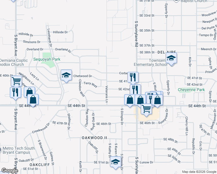 map of restaurants, bars, coffee shops, grocery stores, and more near 4021 Larkwood Drive in Del City