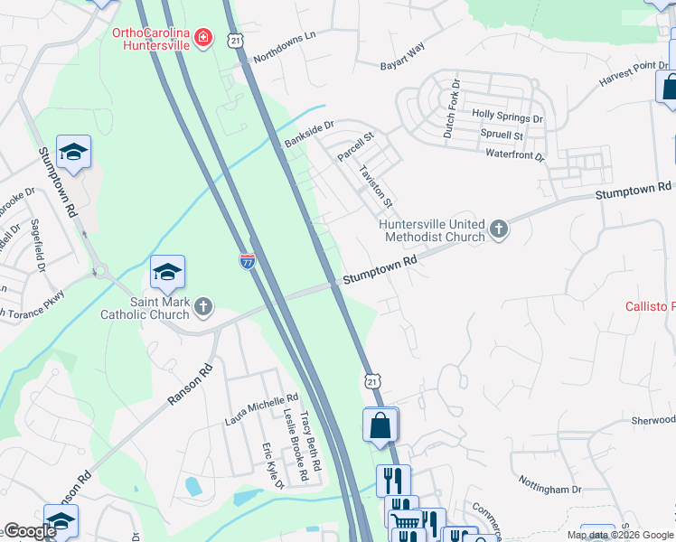 map of restaurants, bars, coffee shops, grocery stores, and more near 14305 Stumptown Road in Huntersville