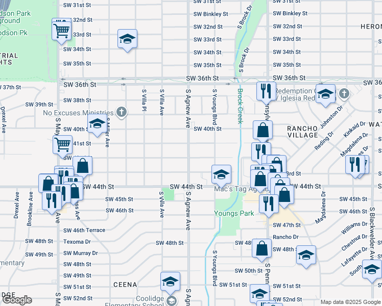 map of restaurants, bars, coffee shops, grocery stores, and more near 2336 Southwest 42nd Street in Oklahoma City
