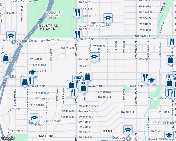 map of restaurants, bars, coffee shops, grocery stores, and more near 2800 Southwest 42nd Street in Oklahoma City