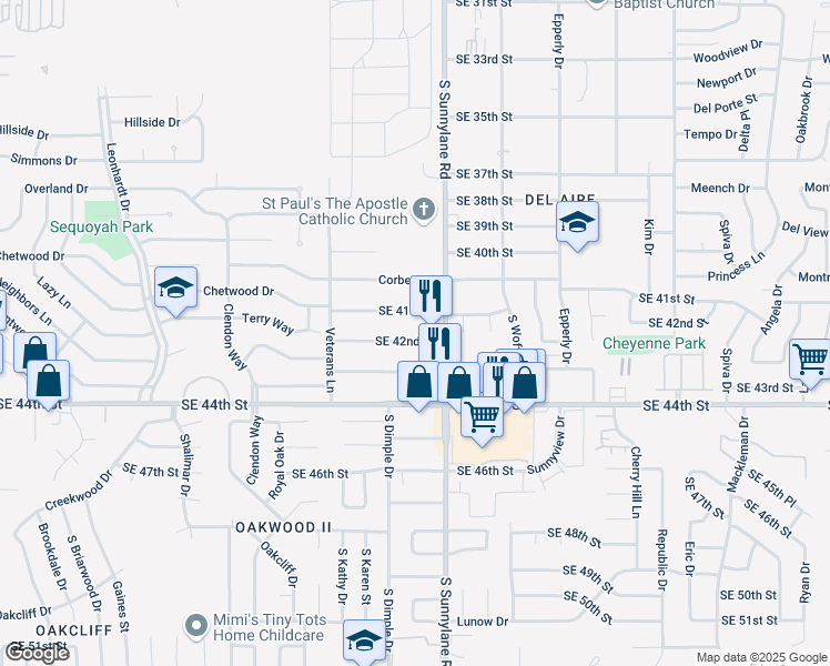 map of restaurants, bars, coffee shops, grocery stores, and more near 4208 Southeast 42nd Street in Del City