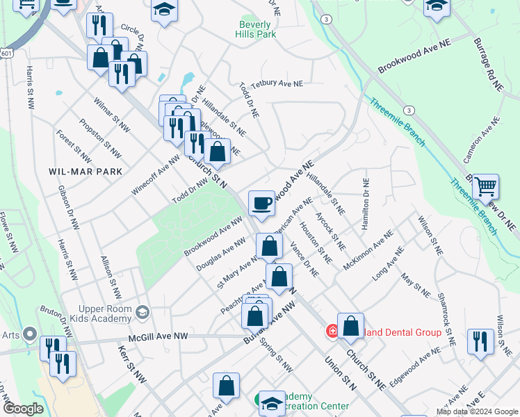 map of restaurants, bars, coffee shops, grocery stores, and more near 23 Brookwood Avenue Northeast in Concord