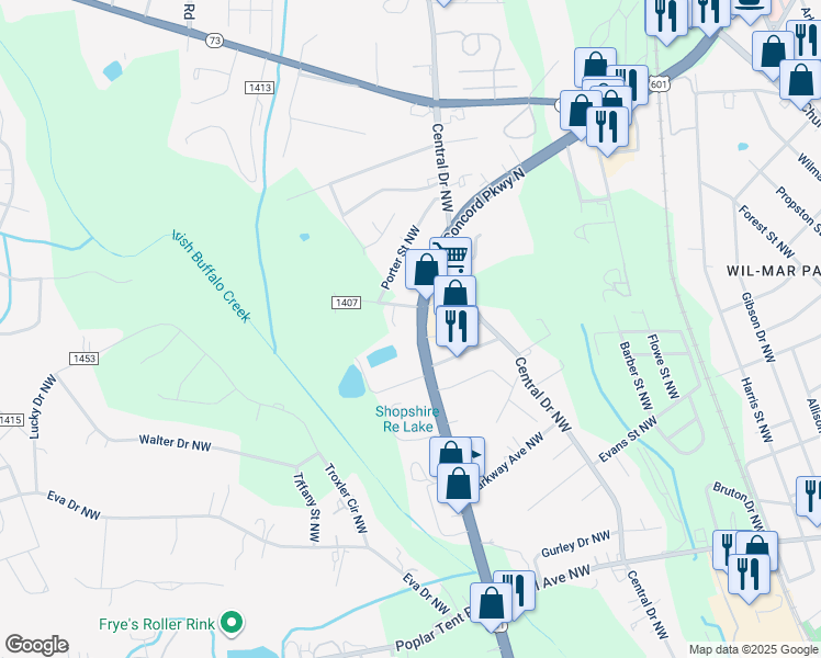 map of restaurants, bars, coffee shops, grocery stores, and more near 14 Sherwood Court Northwest in Concord