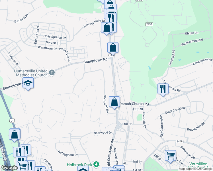map of restaurants, bars, coffee shops, grocery stores, and more near 400 Southland Road in Huntersville