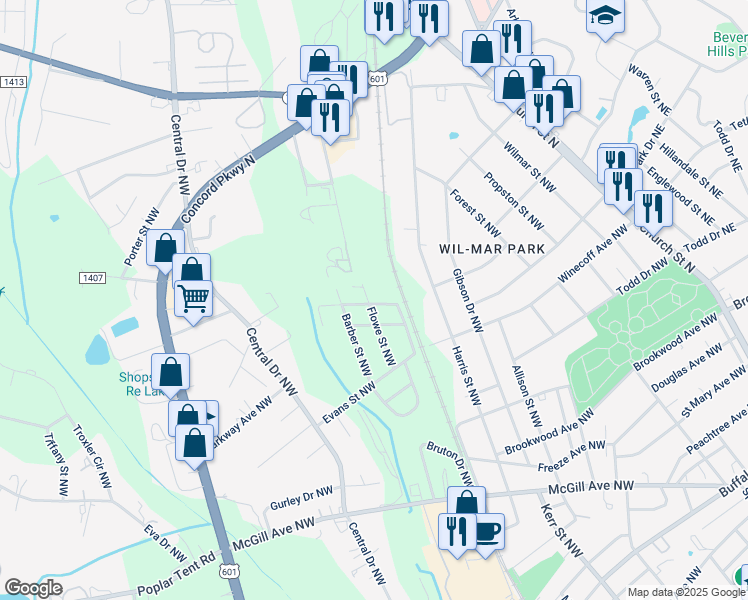 map of restaurants, bars, coffee shops, grocery stores, and more near 99 Scotia Avenue Northwest in Concord