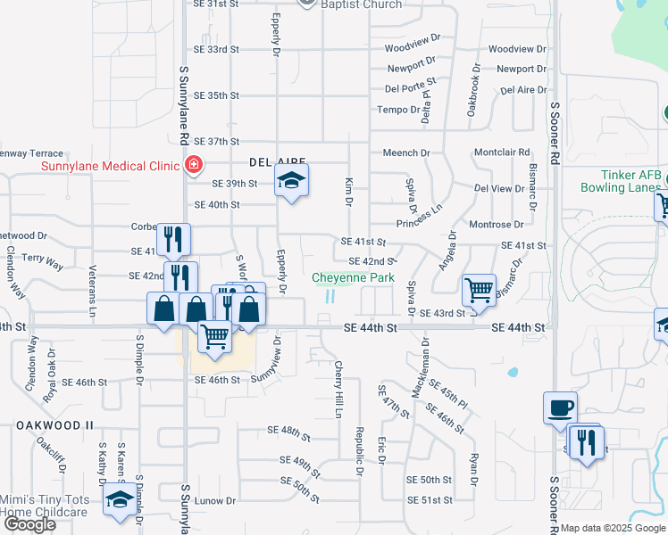 map of restaurants, bars, coffee shops, grocery stores, and more near 4600 Southeast 42nd Street in Del City