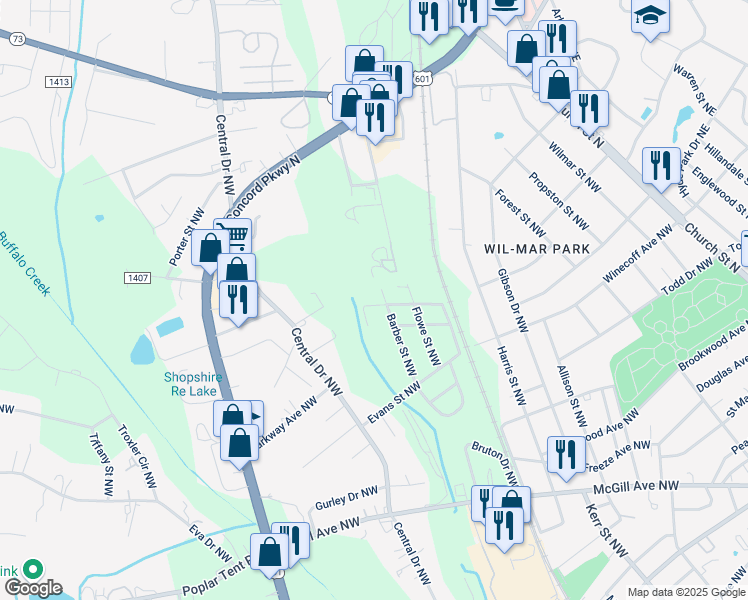 map of restaurants, bars, coffee shops, grocery stores, and more near 121 Scotia Avenue Northwest in Concord