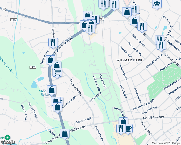 map of restaurants, bars, coffee shops, grocery stores, and more near 121 Scotia Avenue Northwest in Concord