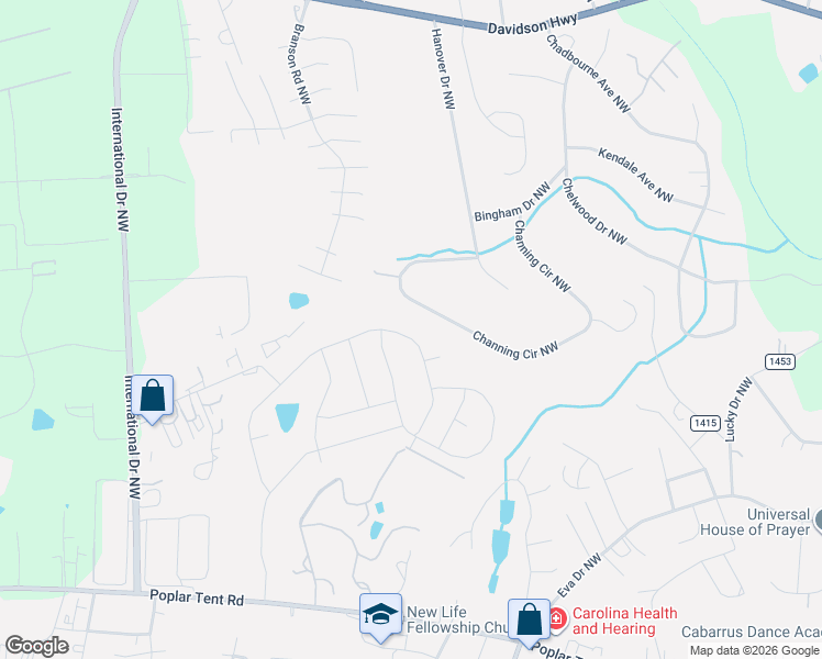 map of restaurants, bars, coffee shops, grocery stores, and more near 4523 Hunton Dale Road NorthWest in Concord