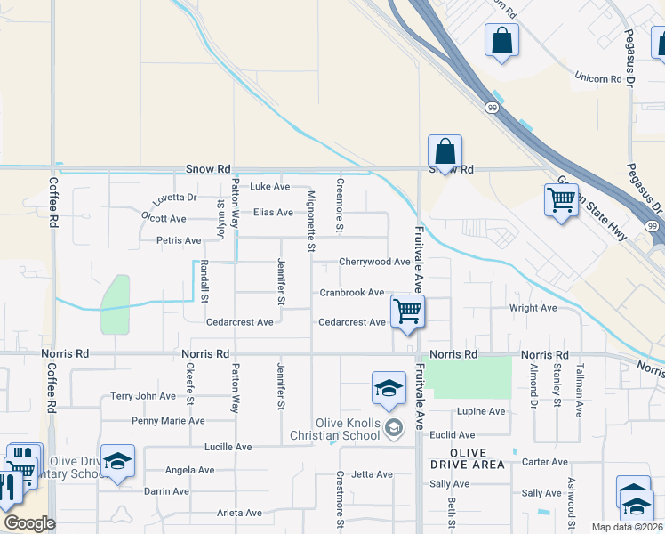 map of restaurants, bars, coffee shops, grocery stores, and more near 6809 Creemore Street in Bakersfield