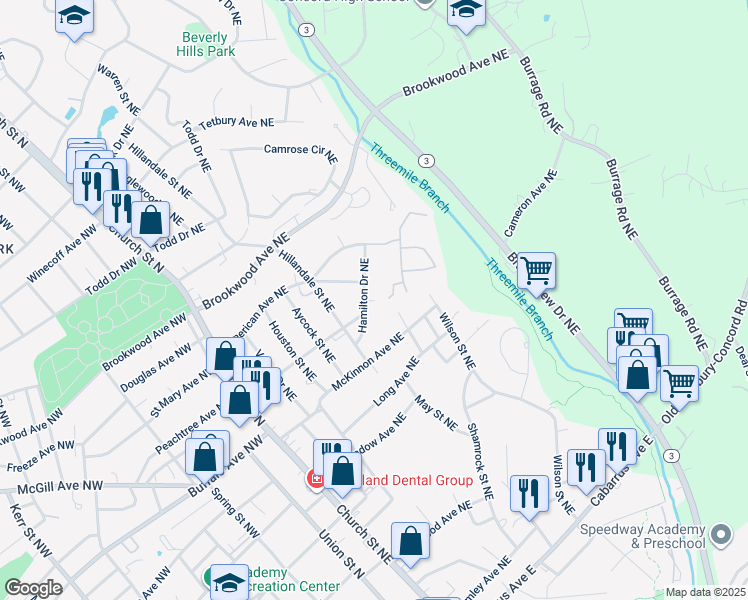 map of restaurants, bars, coffee shops, grocery stores, and more near 310 Hamilton Drive Northeast in Concord