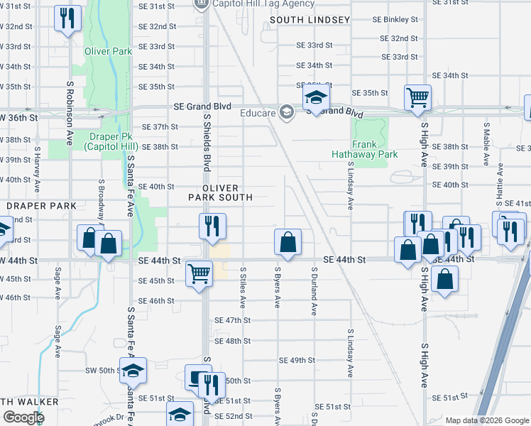map of restaurants, bars, coffee shops, grocery stores, and more near 325 Southeast 42nd Street in Oklahoma City