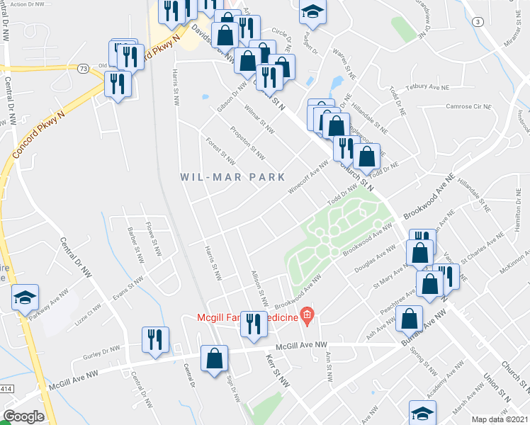 map of restaurants, bars, coffee shops, grocery stores, and more near Winecoff Avenue Northwest in Concord