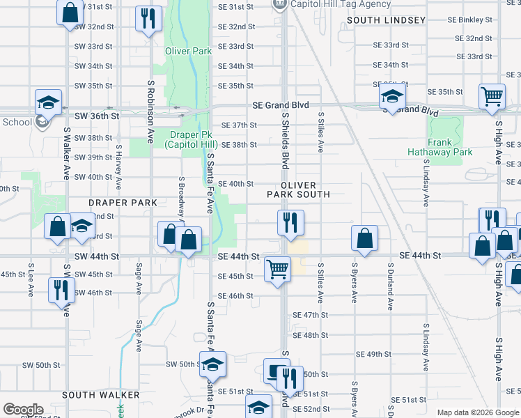 map of restaurants, bars, coffee shops, grocery stores, and more near 129 Southeast 42nd Street in Oklahoma City
