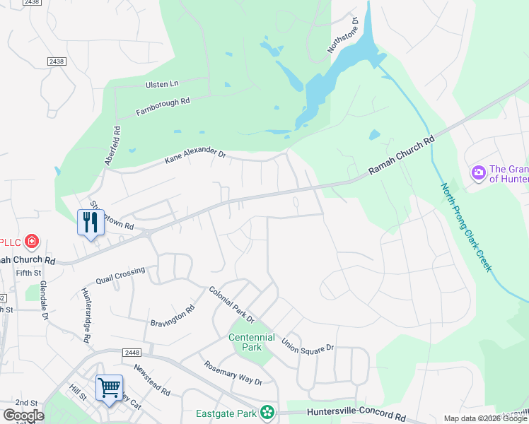 map of restaurants, bars, coffee shops, grocery stores, and more near 15317 Colonial Park Drive in Huntersville