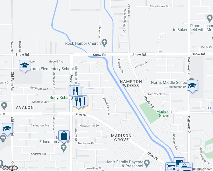 map of restaurants, bars, coffee shops, grocery stores, and more near 10720 Alexander Falls Avenue in Bakersfield