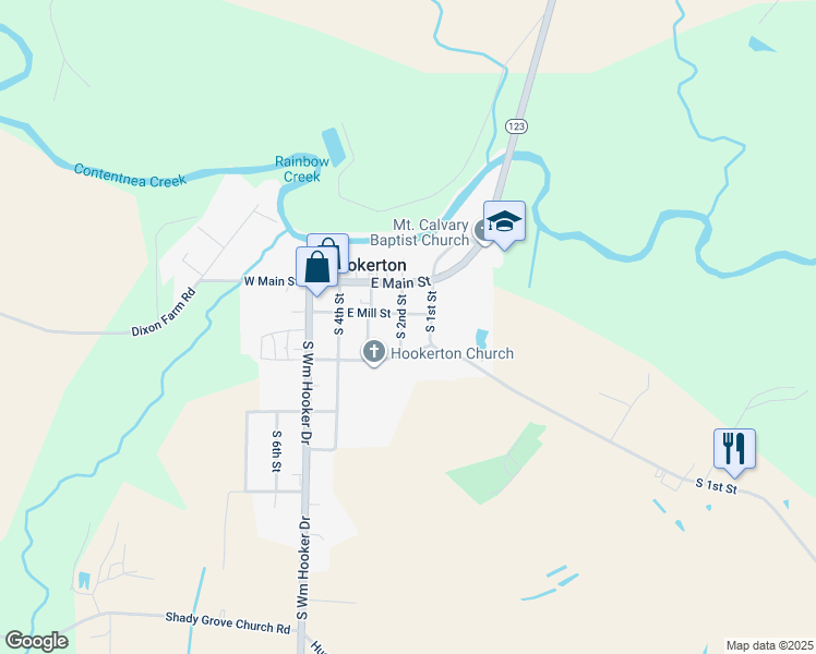 map of restaurants, bars, coffee shops, grocery stores, and more near 207 South 2nd Street in Hookerton