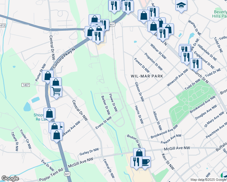 map of restaurants, bars, coffee shops, grocery stores, and more near 99 Scotia Avenue Northwest in Concord