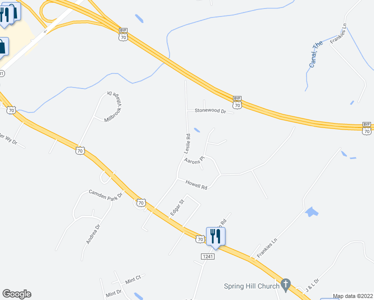 map of restaurants, bars, coffee shops, grocery stores, and more near 236 Leslie Road in Goldsboro