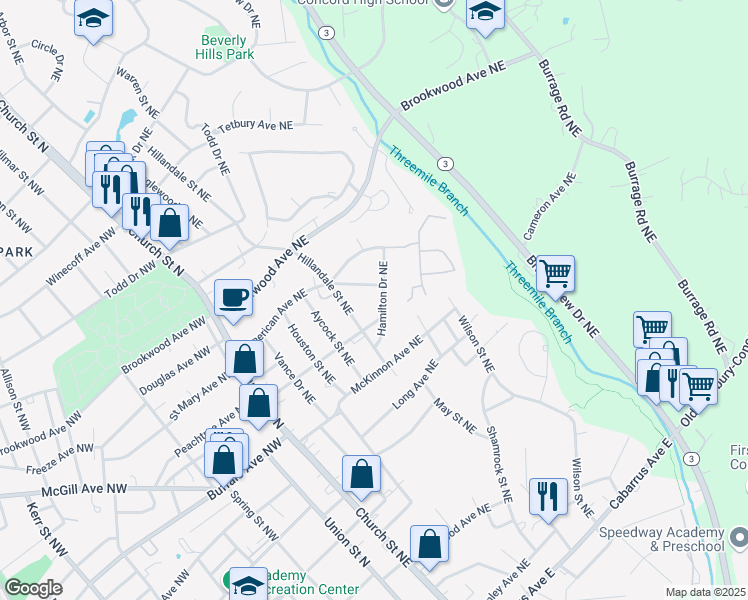 map of restaurants, bars, coffee shops, grocery stores, and more near 310 Hamilton Drive Northeast in Concord