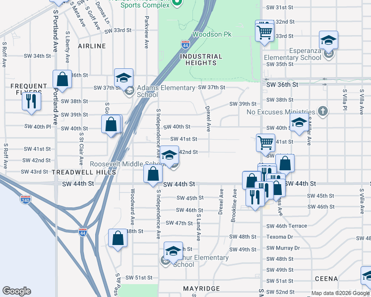 map of restaurants, bars, coffee shops, grocery stores, and more near 3136 Southwest 42nd Street in Oklahoma City