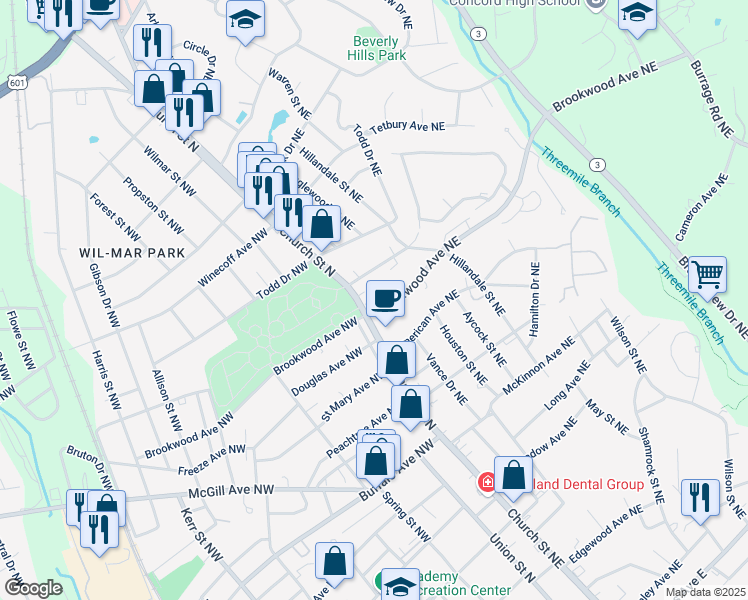 map of restaurants, bars, coffee shops, grocery stores, and more near 17 Brookwood Avenue Northeast in Concord