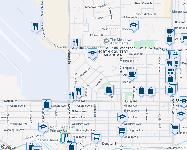 map of restaurants, bars, coffee shops, grocery stores, and more near 621 Francis Street in Bakersfield