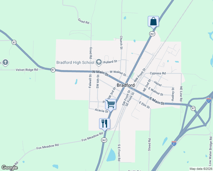 map of restaurants, bars, coffee shops, grocery stores, and more near 200 Southwest 3rd Street in Bradford