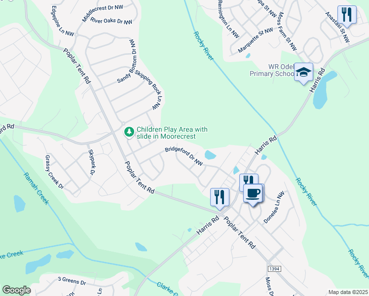 map of restaurants, bars, coffee shops, grocery stores, and more near 1311 Bridgeford Drive Northwest in Huntersville