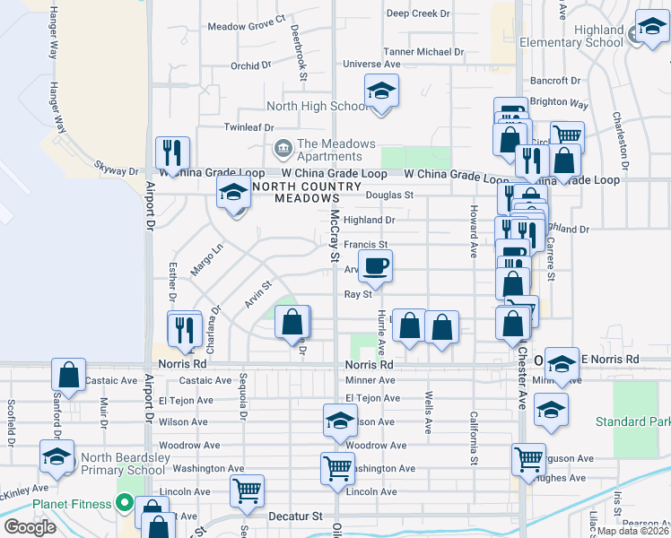 map of restaurants, bars, coffee shops, grocery stores, and more near McCray Street & Arvin Street in Bakersfield