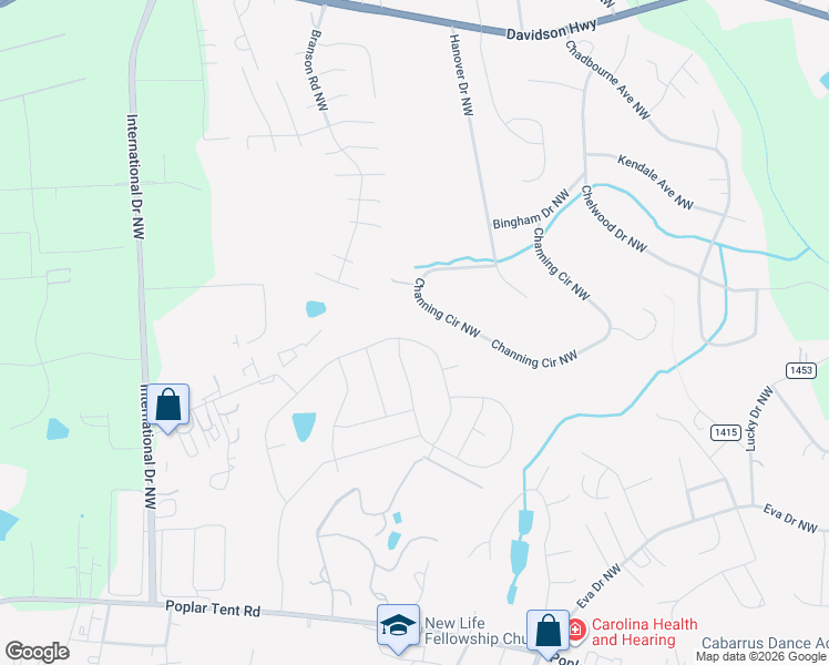 map of restaurants, bars, coffee shops, grocery stores, and more near 400 Channing Circle Northwest in Concord