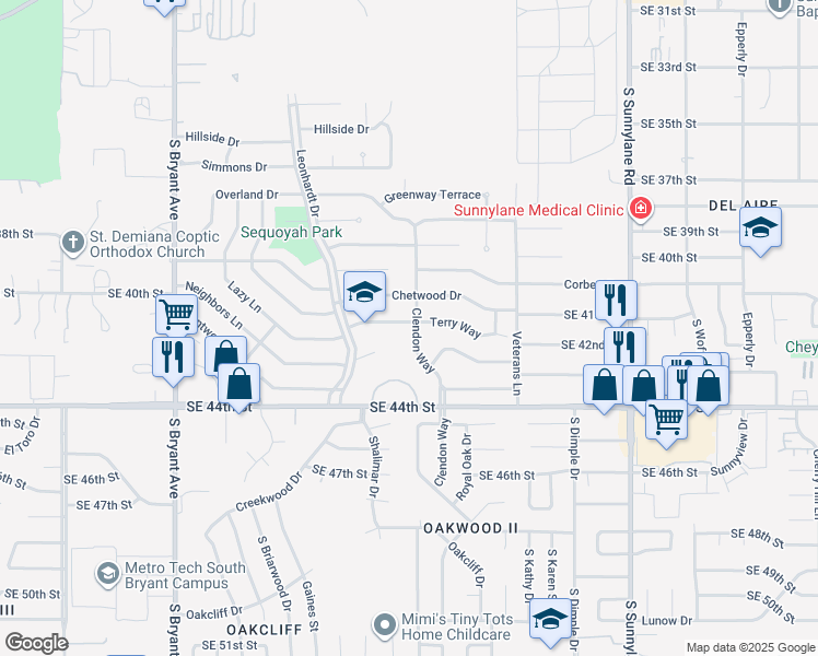 map of restaurants, bars, coffee shops, grocery stores, and more near 3600 Chetwood Drive in Del City