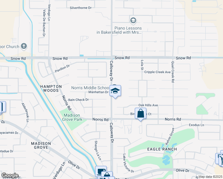 map of restaurants, bars, coffee shops, grocery stores, and more near 9702 Salerosa Court in Bakersfield