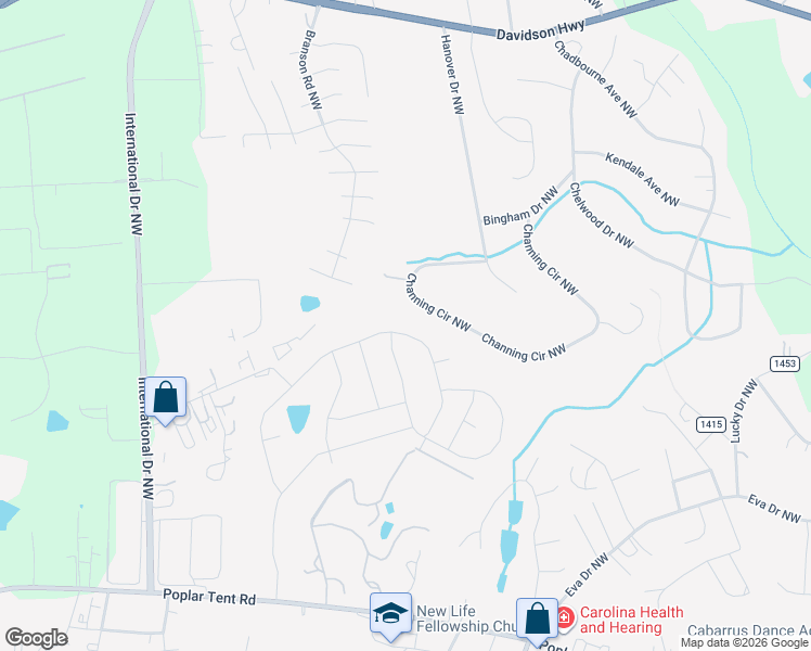 map of restaurants, bars, coffee shops, grocery stores, and more near 400 Channing Circle Northwest in Concord