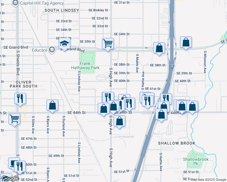 map of restaurants, bars, coffee shops, grocery stores, and more near 4200 South High Avenue in Oklahoma City