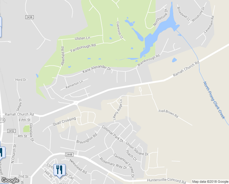 map of restaurants, bars, coffee shops, grocery stores, and more near 12508 Ramah Church Road in Huntersville