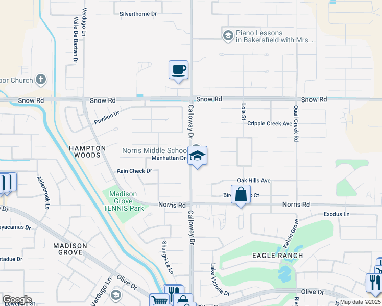map of restaurants, bars, coffee shops, grocery stores, and more near 6940 Calloway Drive in Bakersfield