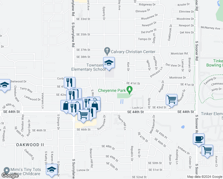 map of restaurants, bars, coffee shops, grocery stores, and more near 4317 Suntane Road in Del City