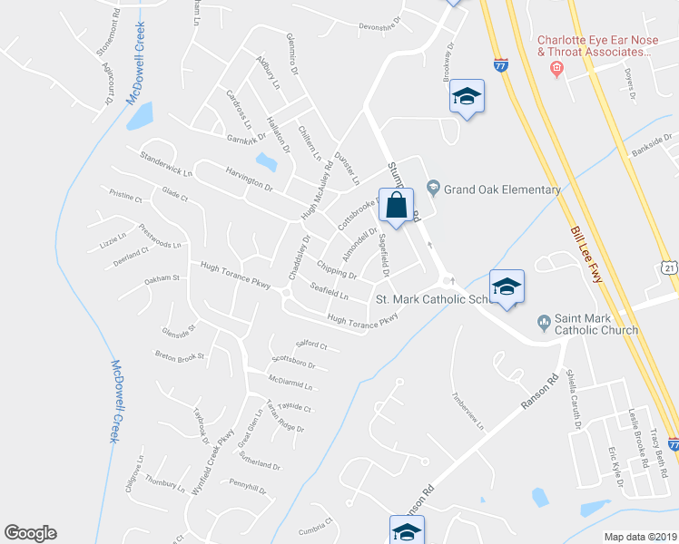 map of restaurants, bars, coffee shops, grocery stores, and more near 15099 Almondell Drive in Huntersville