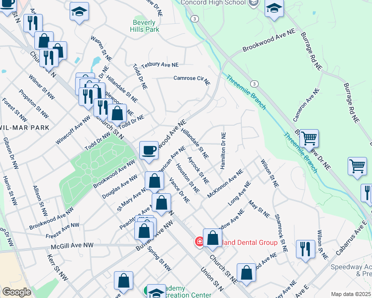 map of restaurants, bars, coffee shops, grocery stores, and more near 386 Aycock Street Northeast in Concord