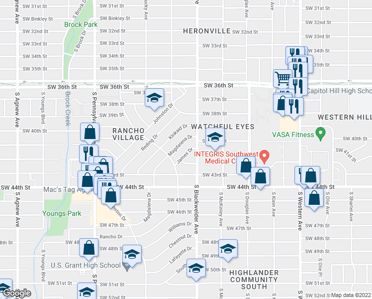 map of restaurants, bars, coffee shops, grocery stores, and more near 1329 Magdalena Drive in Oklahoma City
