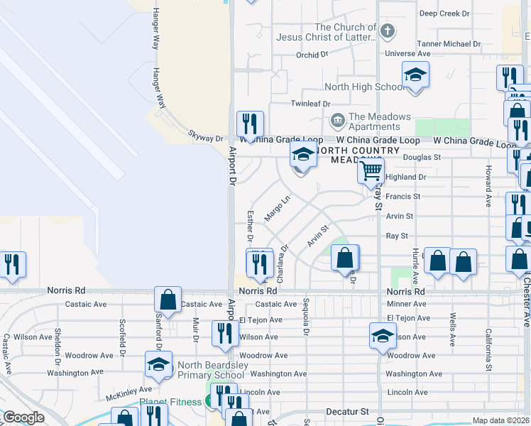 map of restaurants, bars, coffee shops, grocery stores, and more near 2000 Esther Drive in Bakersfield