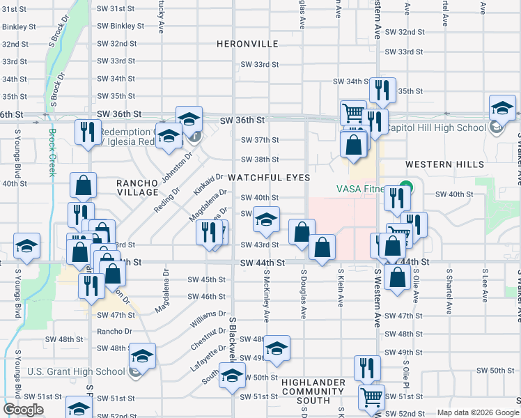 map of restaurants, bars, coffee shops, grocery stores, and more near 1209 Southwest 40th Street in Oklahoma City
