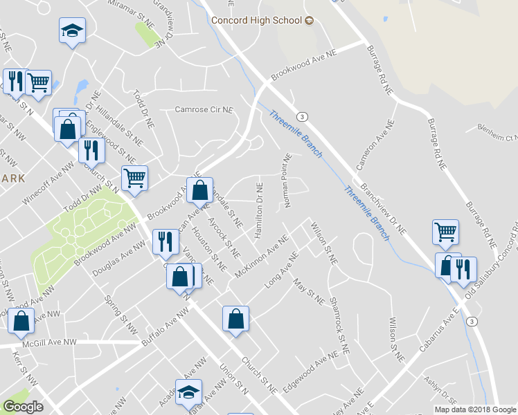 map of restaurants, bars, coffee shops, grocery stores, and more near Hamilton Drive Northeast in Concord
