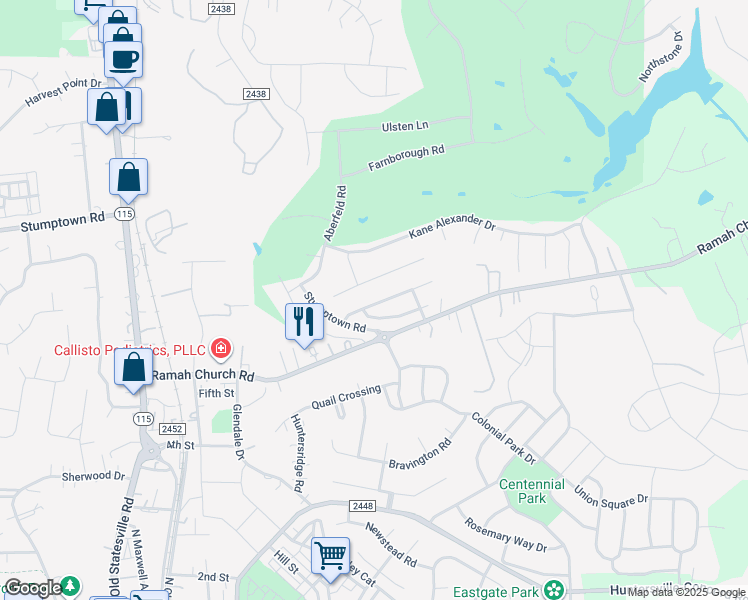 map of restaurants, bars, coffee shops, grocery stores, and more near 12514 Kemerton Lane in Huntersville